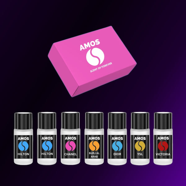 Pachet Amos mini Pink - difuzor gri de parfum + set pink cu 7 parfumuri de rezervă