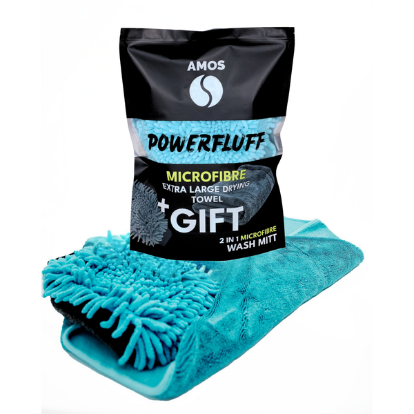 AMOS Powerfluff ultra nedvszívó mikroszálas törölköző, kék, 1000 GSM, 60x80 cm + AJÁNDÉK kesztyű