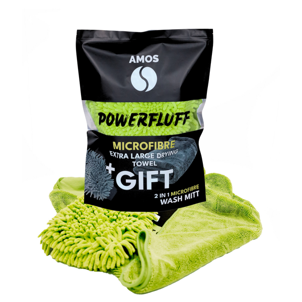 AMOS Powerfluff ultra nedvszívó mikroszálas törölköző, zöld, 1000 GSM, 60x80 cm + AJÁNDÉK kesztyű