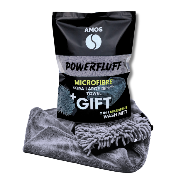 Prosop microfibră ultra absorbant AMOS Powerfluff gri 1000 GSM 60*80cm + manusa CADOU | APR0014
