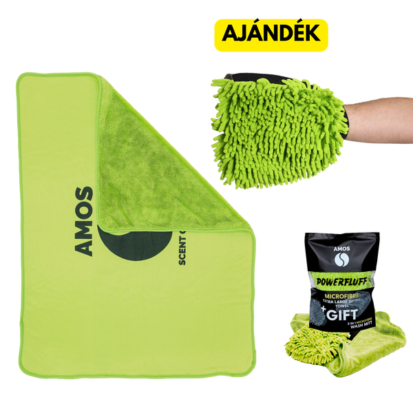 AMOS Powerfluff ultra nedvszívó mikroszálas törölköző, zöld, 1000 GSM, 60x80 cm + AJÁNDÉK kesztyű