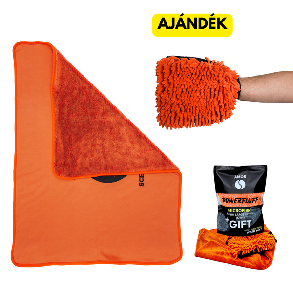 AMOS Powerfluff ultra nedvszívó mikroszálas törölköző, narancssárga, 1000 GSM, 60x80 cm + AJÁNDÉK kesztyű