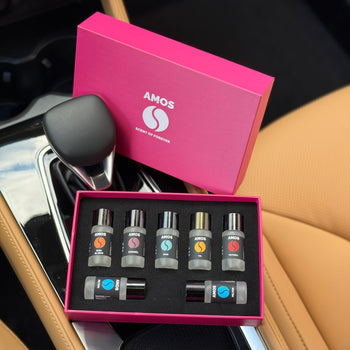 Pachet Amos mini Pink - difuzor gri de parfum + set pink cu 7 parfumuri de rezervă